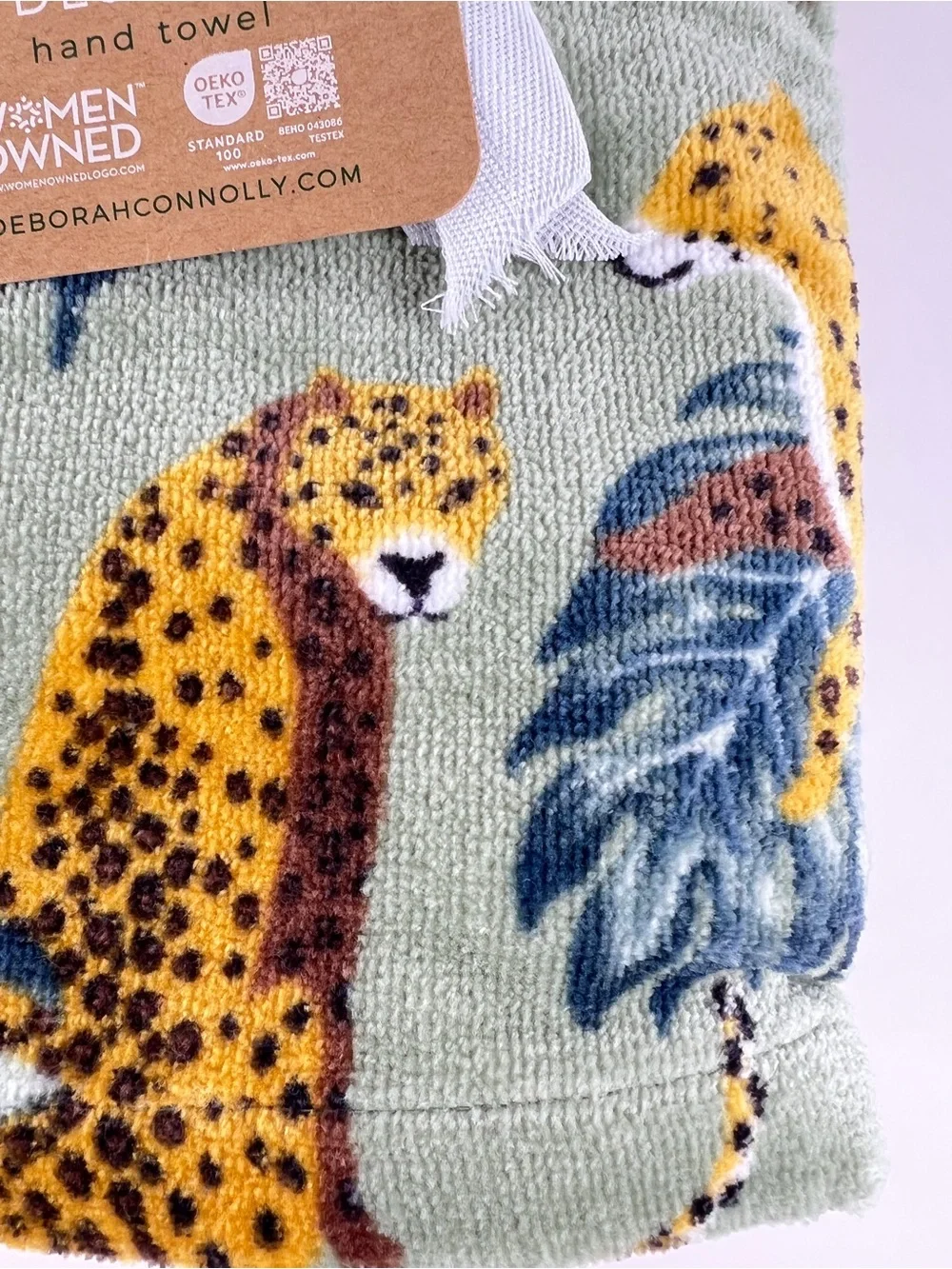 Deborah Connolly Hand Towels Cheetah Print Green Brown Blue Soft Cotton 2 Pc NEW